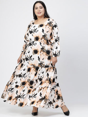 Plus Size Round Neck Long Puff Sleeves Floral Print Maxi  Dress