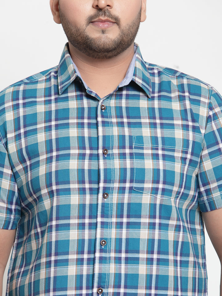 Men Blue & Cream-Coloured Regular Fit Checked Casual Shirt