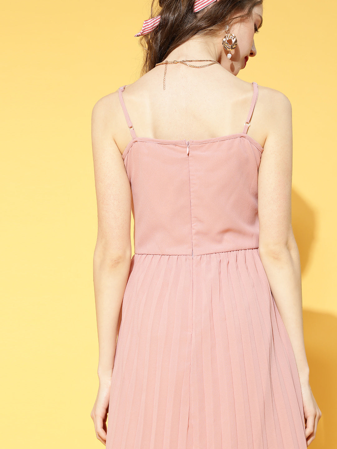 plusS Peach Solid Pleated Dress