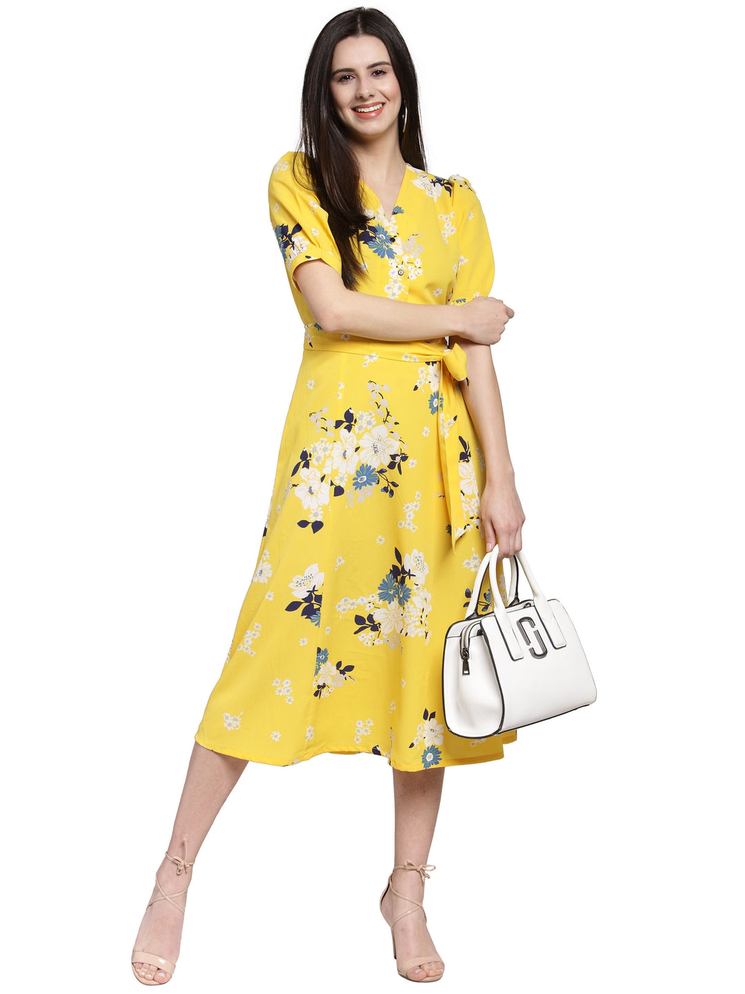 Yellow Floral Printed Fit and Flare Dress