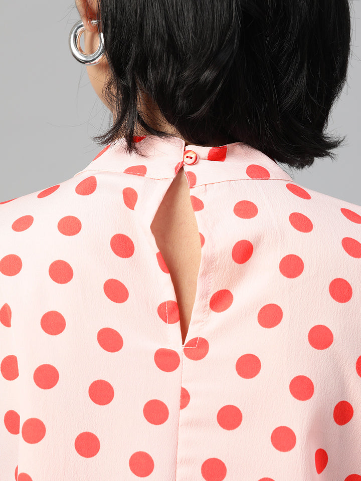 plusS Cream-Coloured  Red Polka Dots Print Bell Sleeves Keyhole Neck Top