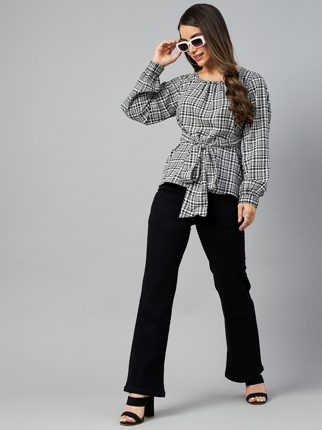 plusS Black  White Checked Tie-Up Detail Monochrome Top