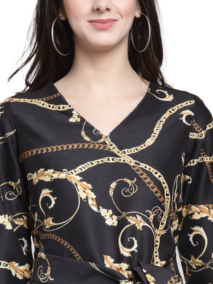 plusS Black Ethnic Motifs Cinched Waist Top