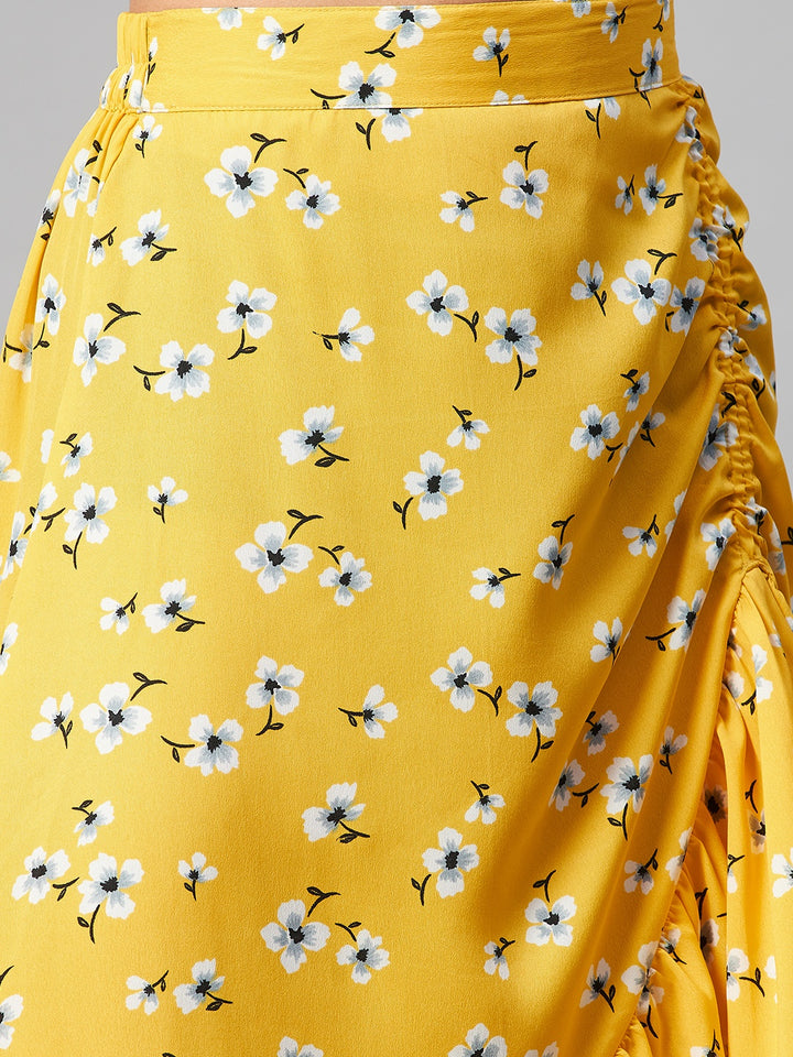 plusS Yellow  White Floral Printed Midi A-Line Skirt