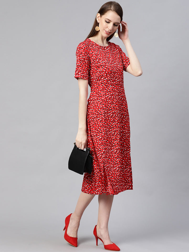 plusS Women Red  White Abstract Print A-Line Midi Dress