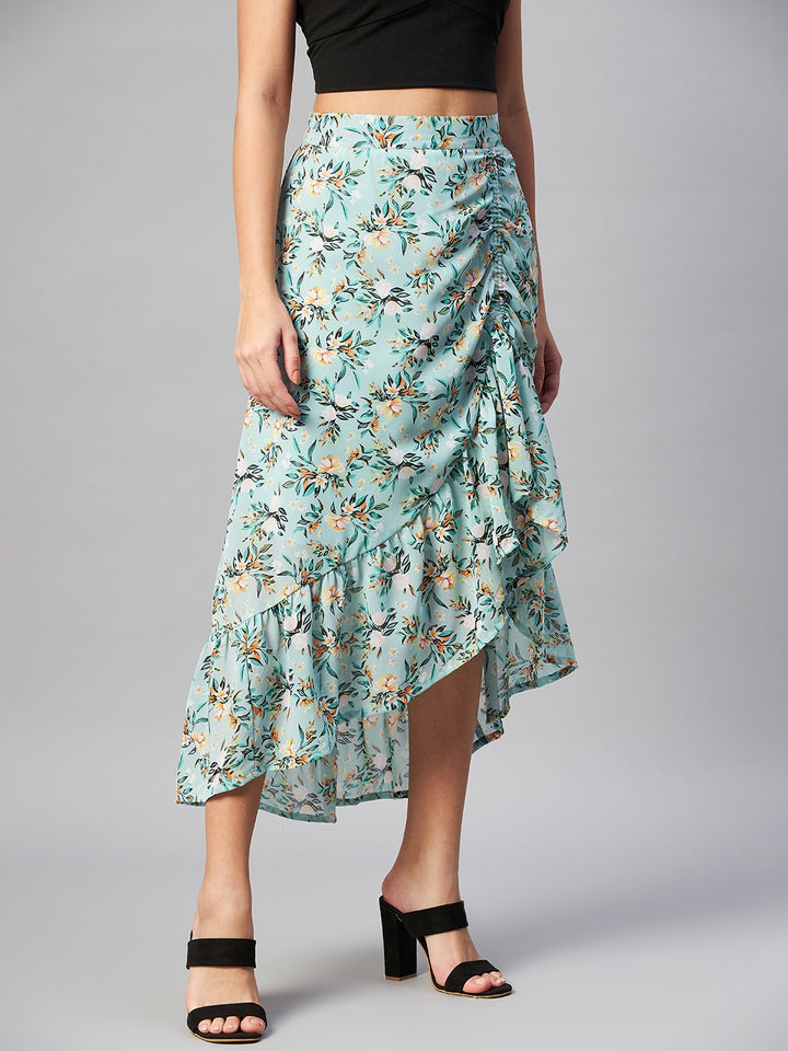 plusS Sea Green Floral Printed Midi A-Line Skirt