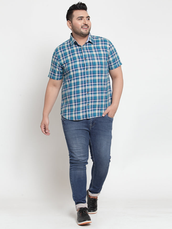 Men Blue & Cream-Coloured Regular Fit Checked Casual Shirt