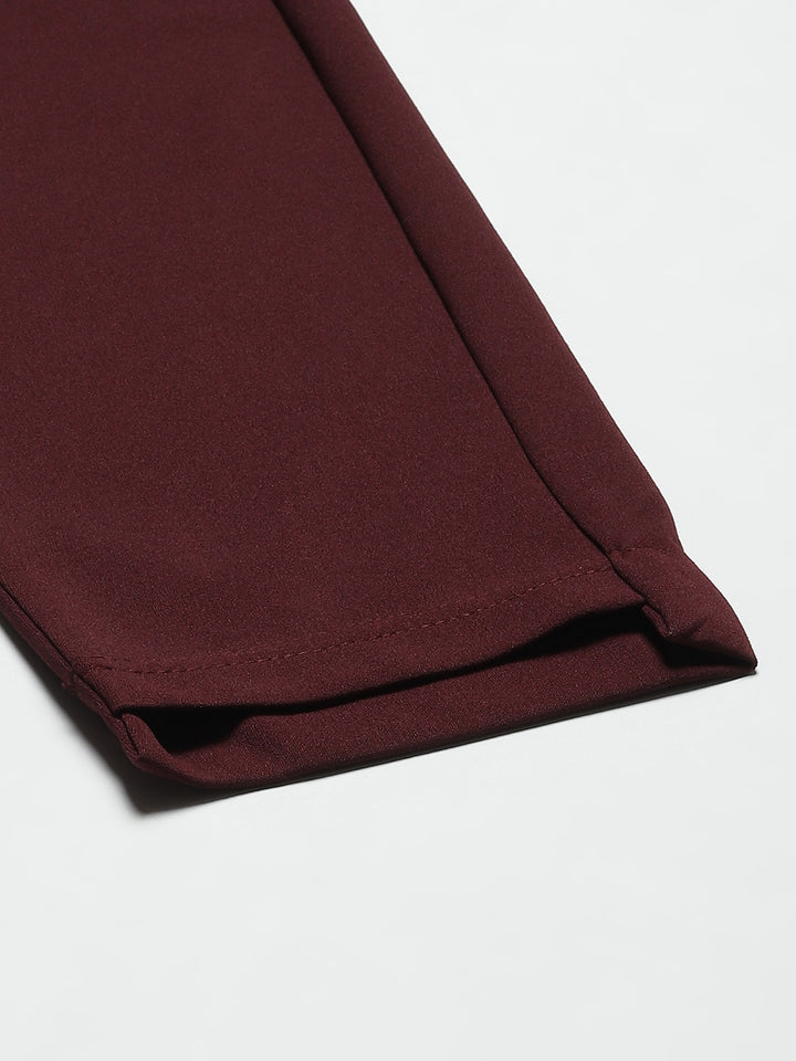 Women Maroon Solid Mid-Rise Regular Fit Trousers