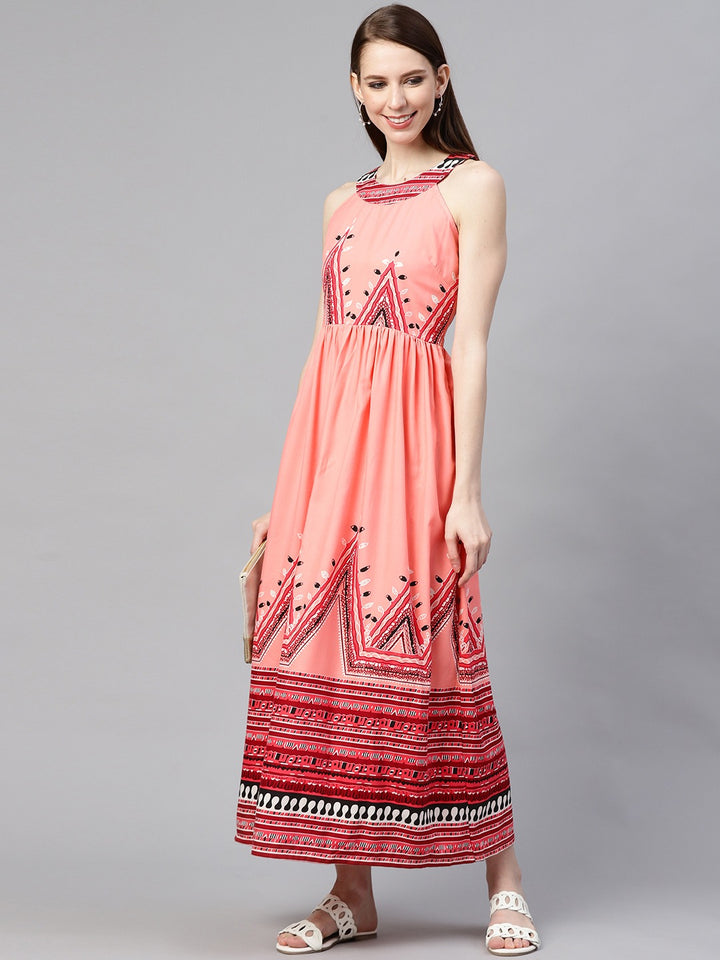 plusS Women Peach-Coloured  Red Printed Maxi Dress