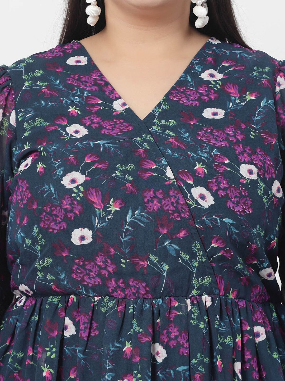 Plus Size  Navy Blue, Pink & White Floral Printed Puff Sleeves Fit & Flare Maxi Dress