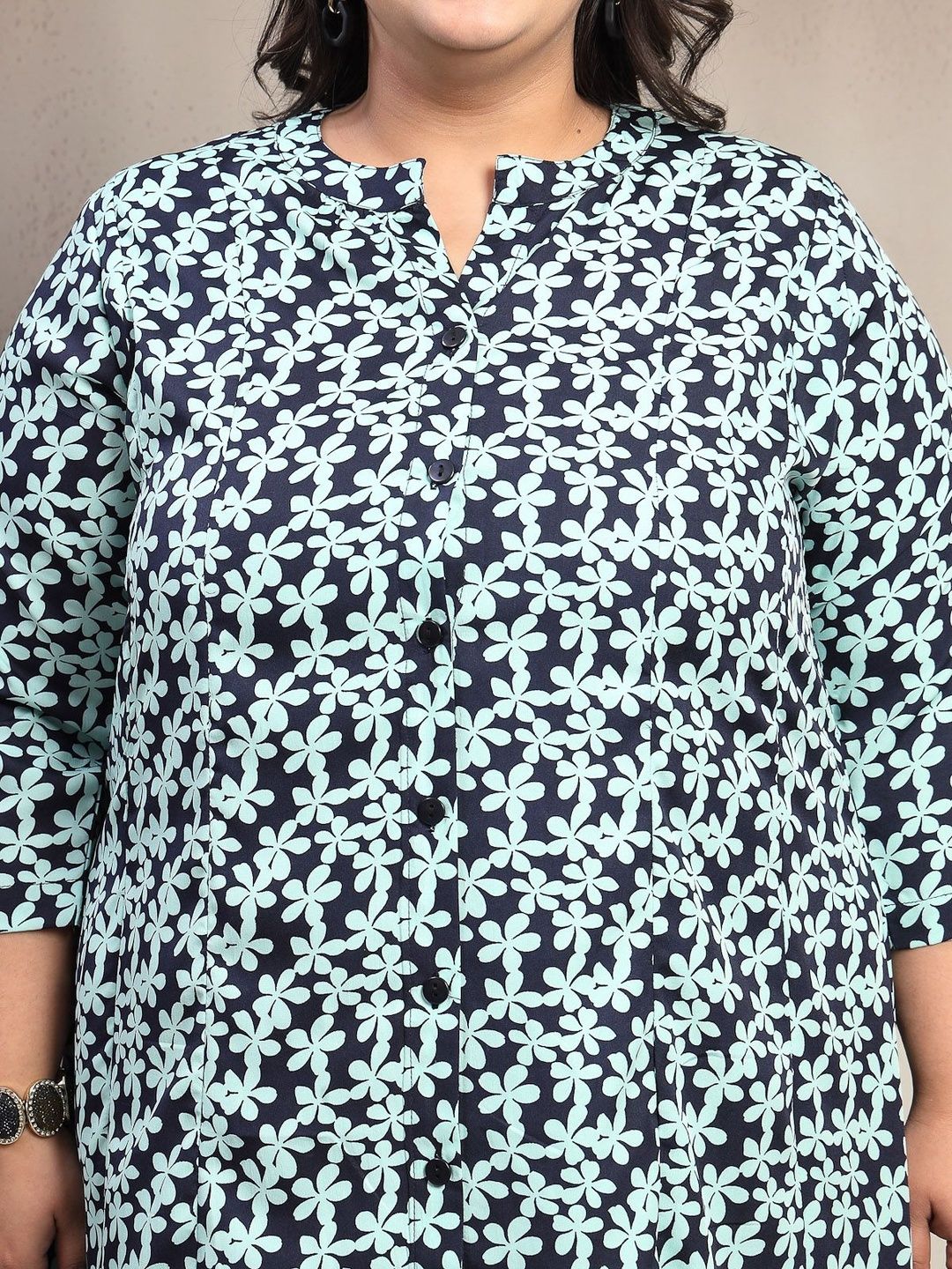 Plus Size Green Floral Printed Short Sleeve Round Neck Midi Dress