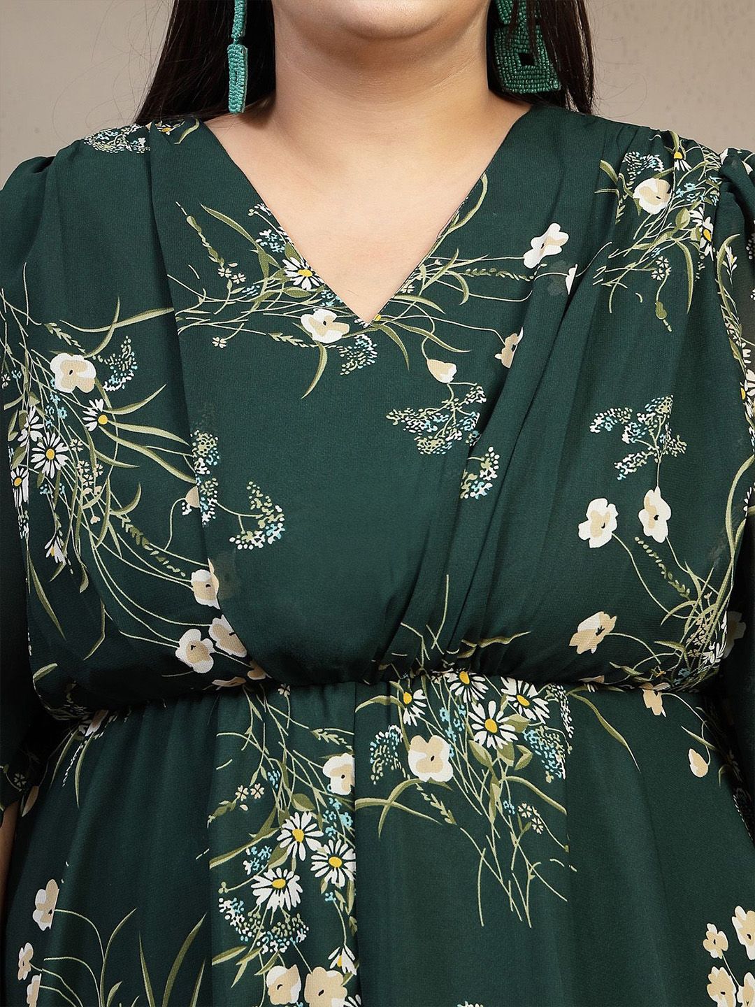 Plus Size Green Floral Printed Puff Sleeves Gathered A-Line Dress