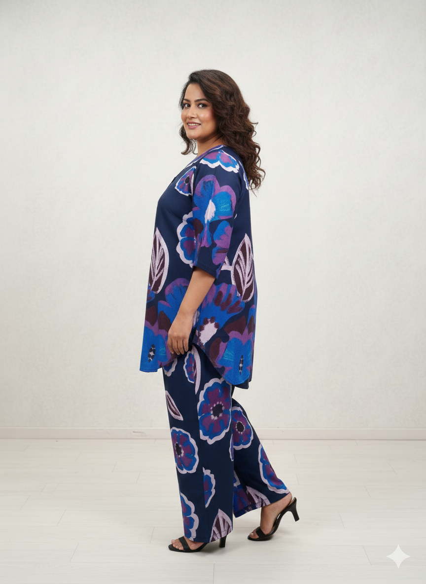 Plus Size Floral Printed V-Neck Three-Quarter Sleeves Tunic With Trouser