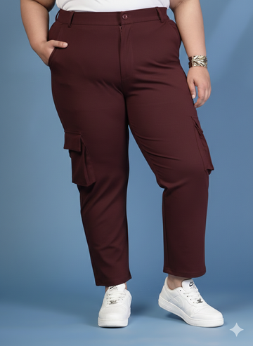 Plus Size Women Solid Mid Rise Regular Fit Cargo Trousers