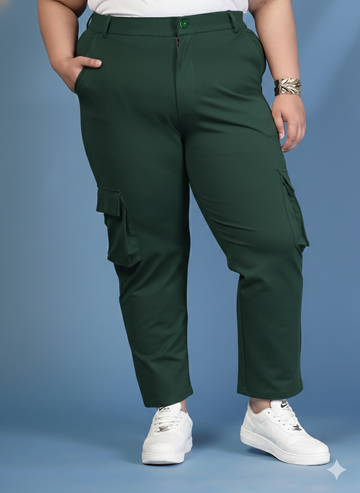 Plus Size Women Solid Mid Rise Regular Fit Cargo Trousers