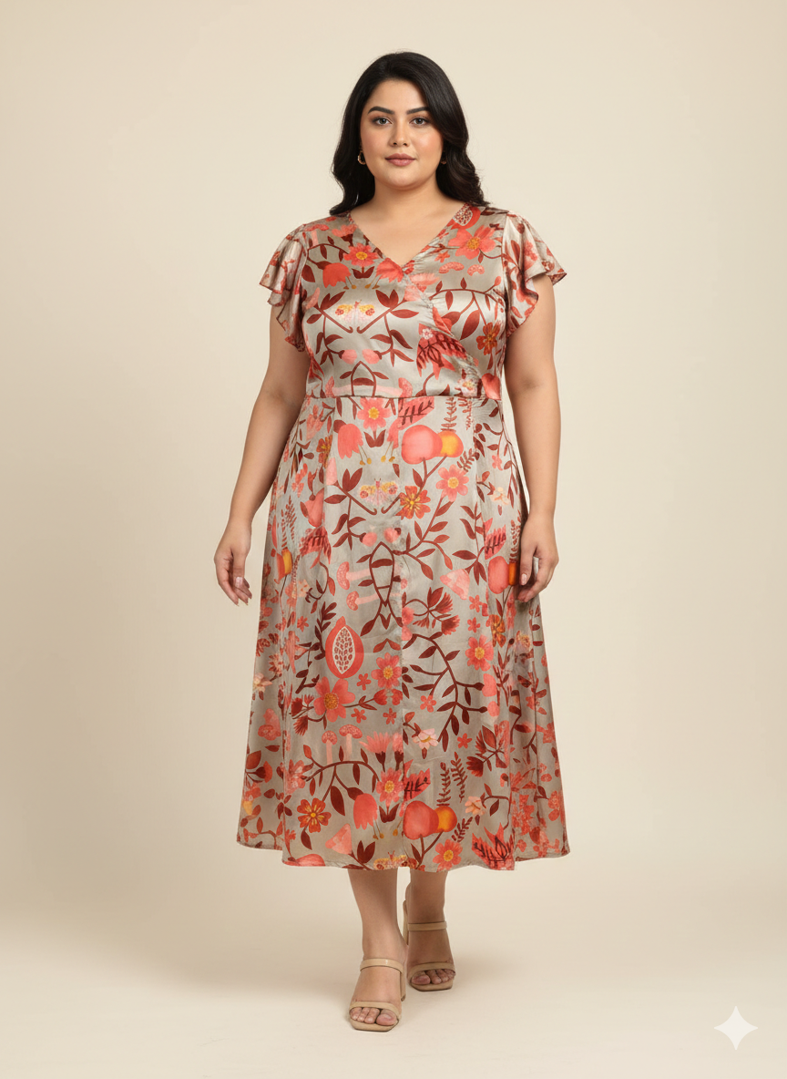 Plus Size Printed Flutter Sleeves A-Line Maxi Dress