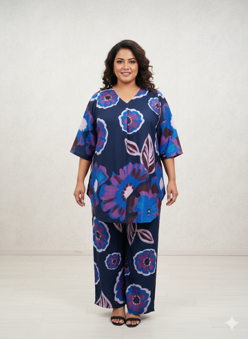 Plus Size Floral Printed V-Neck Three-Quarter Sleeves Tunic With Trouser