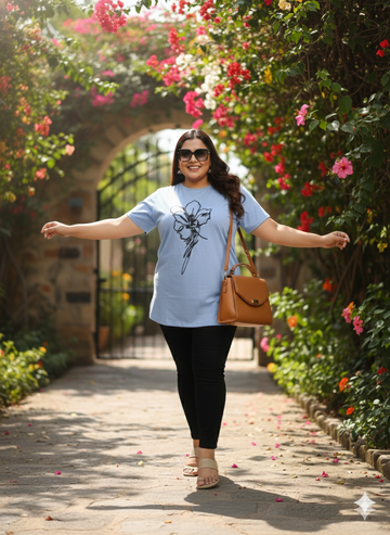 Plus Size Floral Printed Round Neck Cotton T-shirt