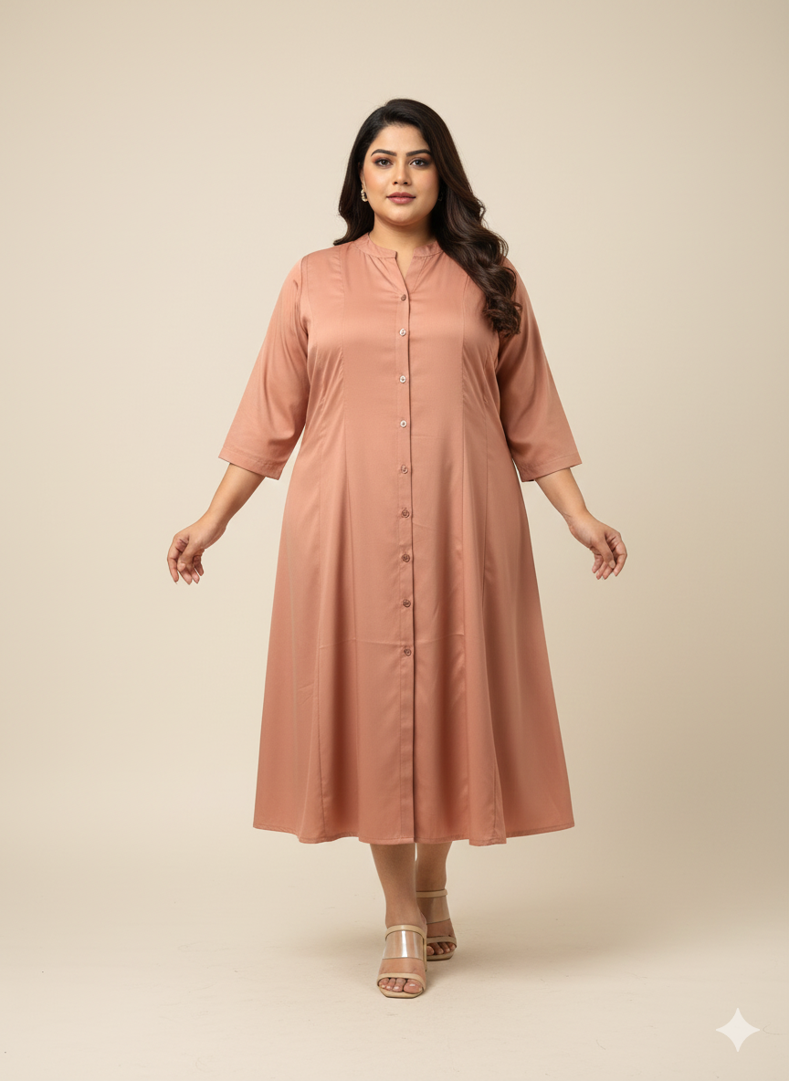 Plus Size Floral Solid Round Neck Midi Dress