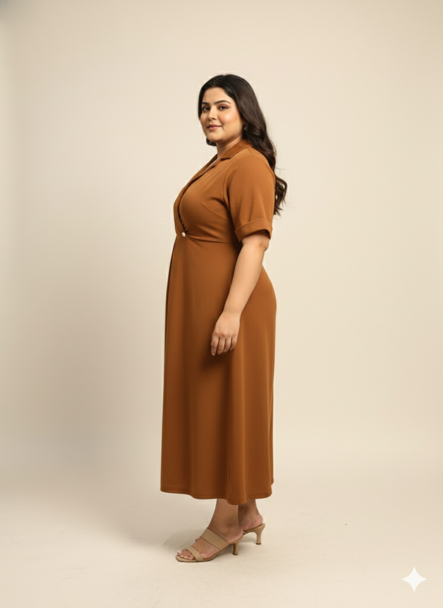Plus Size Women Notch Collar Button Midi Dress