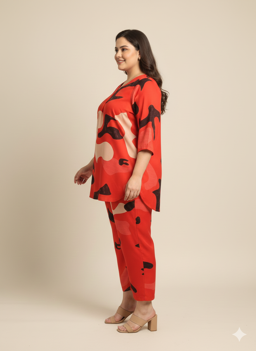 Plus Size Floral Printed V-Neck Three-Quarter Sleeves Tunic With Trouser