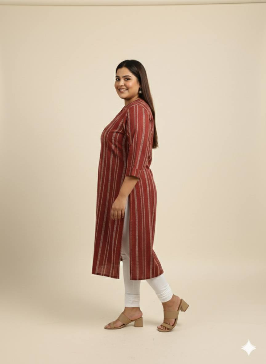 Plus Size Stripe V-Neck Straight Kurta