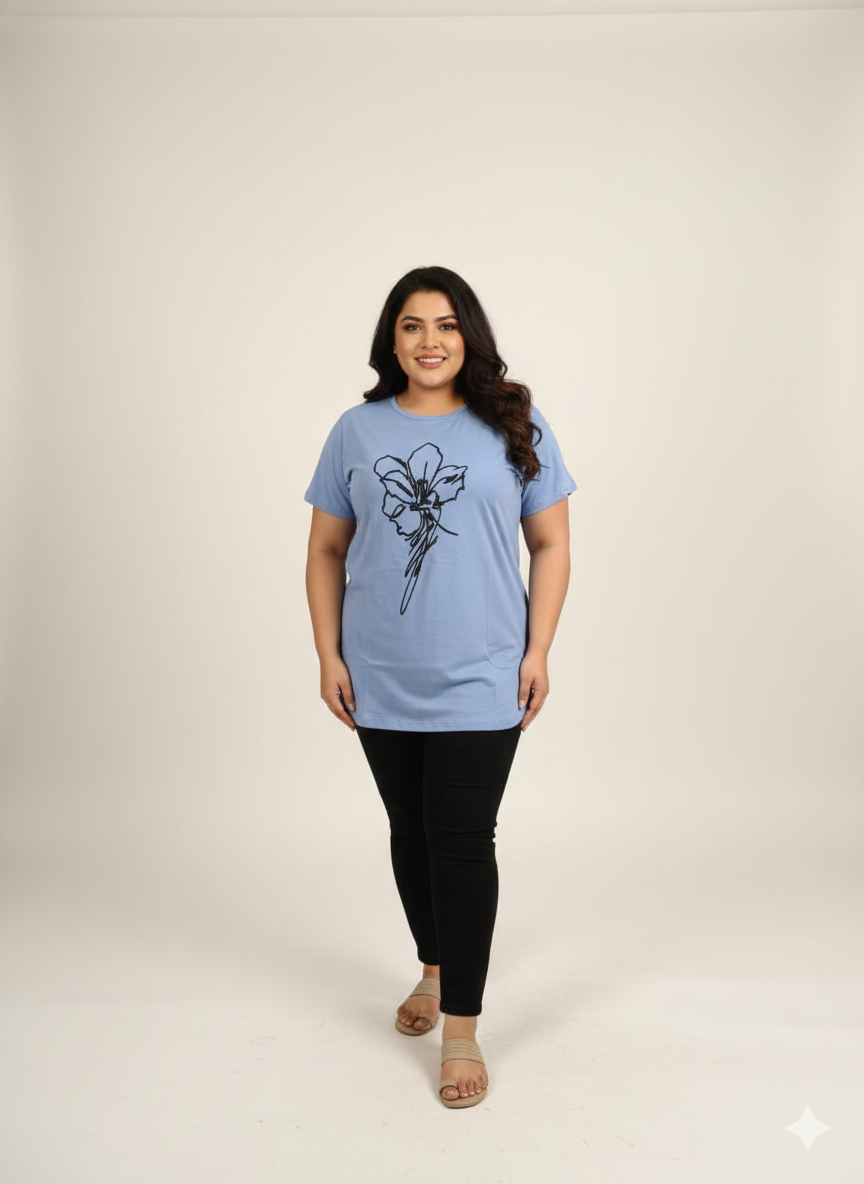Plus Size Floral Printed Round Neck Cotton T-shirt