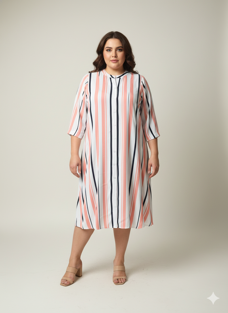 Plus Size Women White And Pink Stripe Fit & Flare Dress