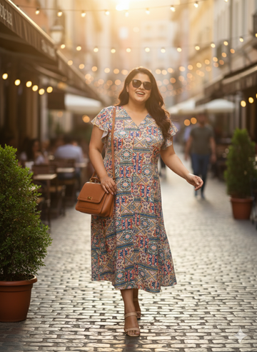 Plus Size Printed Flutter Sleeves A-Line Maxi Dress