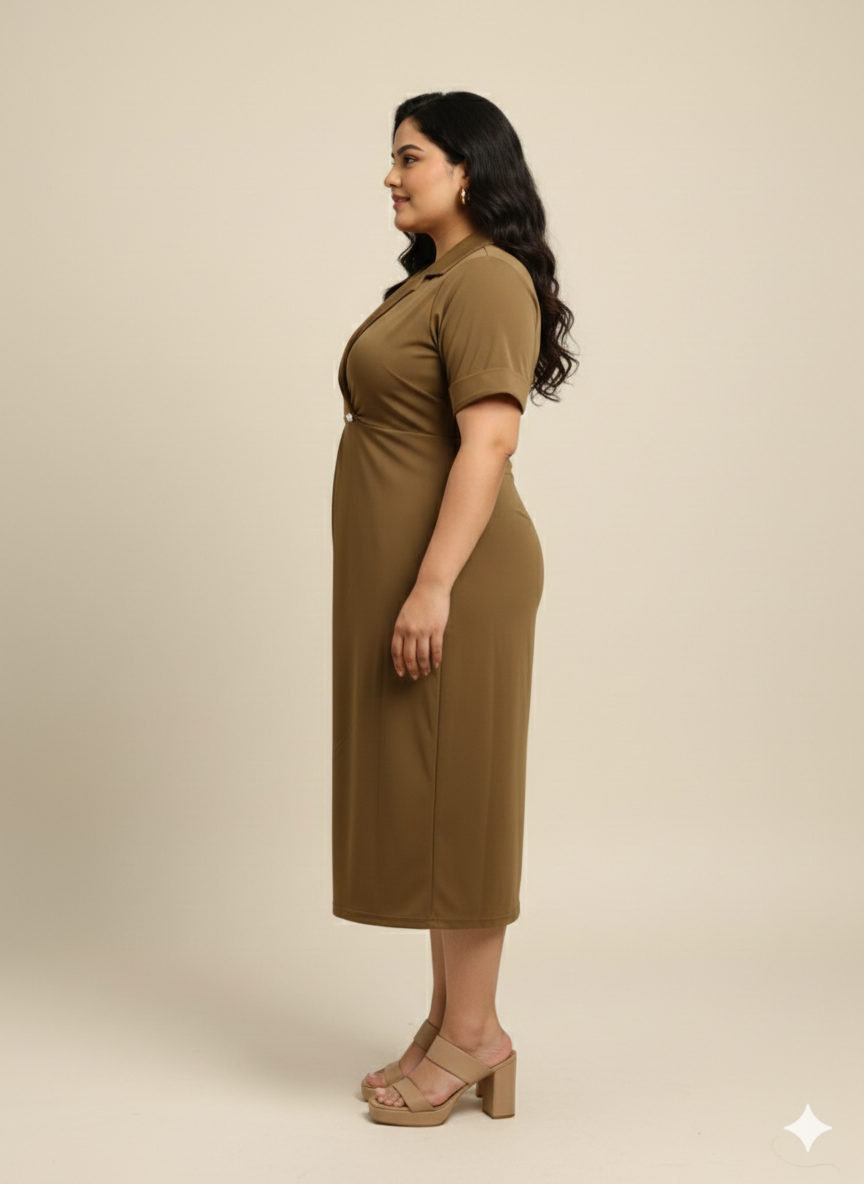 Plus Size Women Notch Collar Button Midi Dress