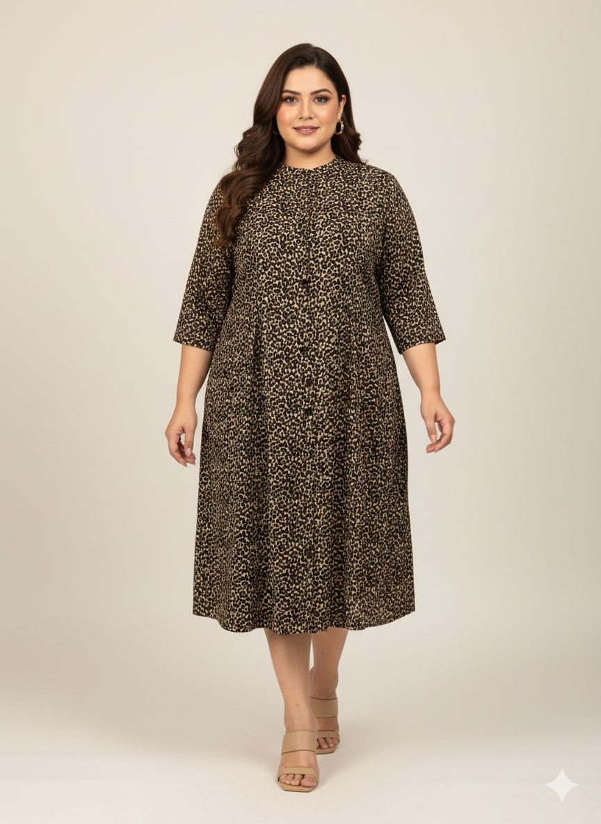 Plus Size Floral Printed Round Neck Midi Dress