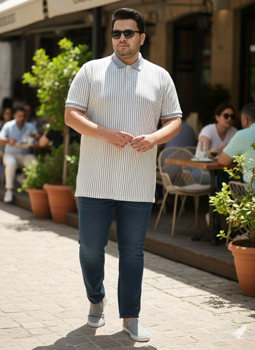 Plus Size Men Striped Polo Collar Cotton T-shirt