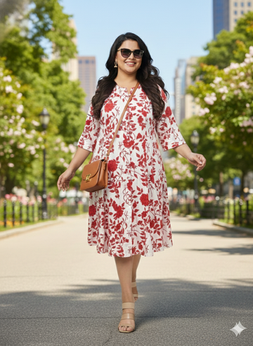 Plus Size Floral Print Fit & Flare Midi Dress