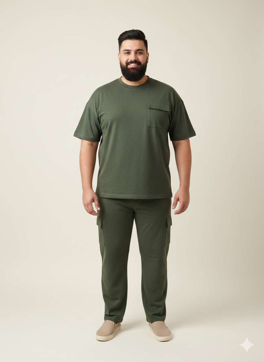 Plus Size Round Neck Pure Cotton T Shirt & Cargo Jogger Travel Co Ords Set