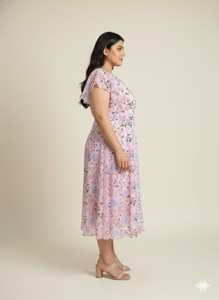 Plus Size Printed Flutter Sleeves A-Line Maxi Dress
