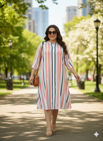 Plus Size Women White And Pink Stripe Fit & Flare Dress