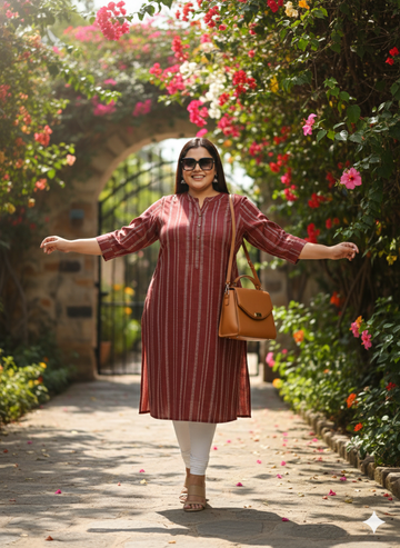Plus Size Stripe V-Neck Straight Kurta