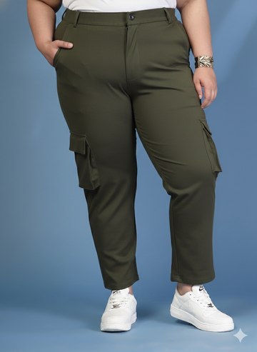 Plus Size Women Solid Mid Rise Regular Fit Cargo Trousers