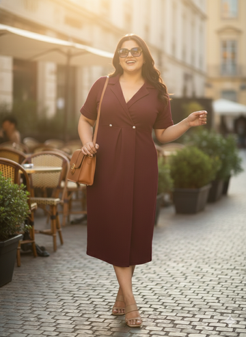 Plus Size Women Notch Collar Button Midi Dress