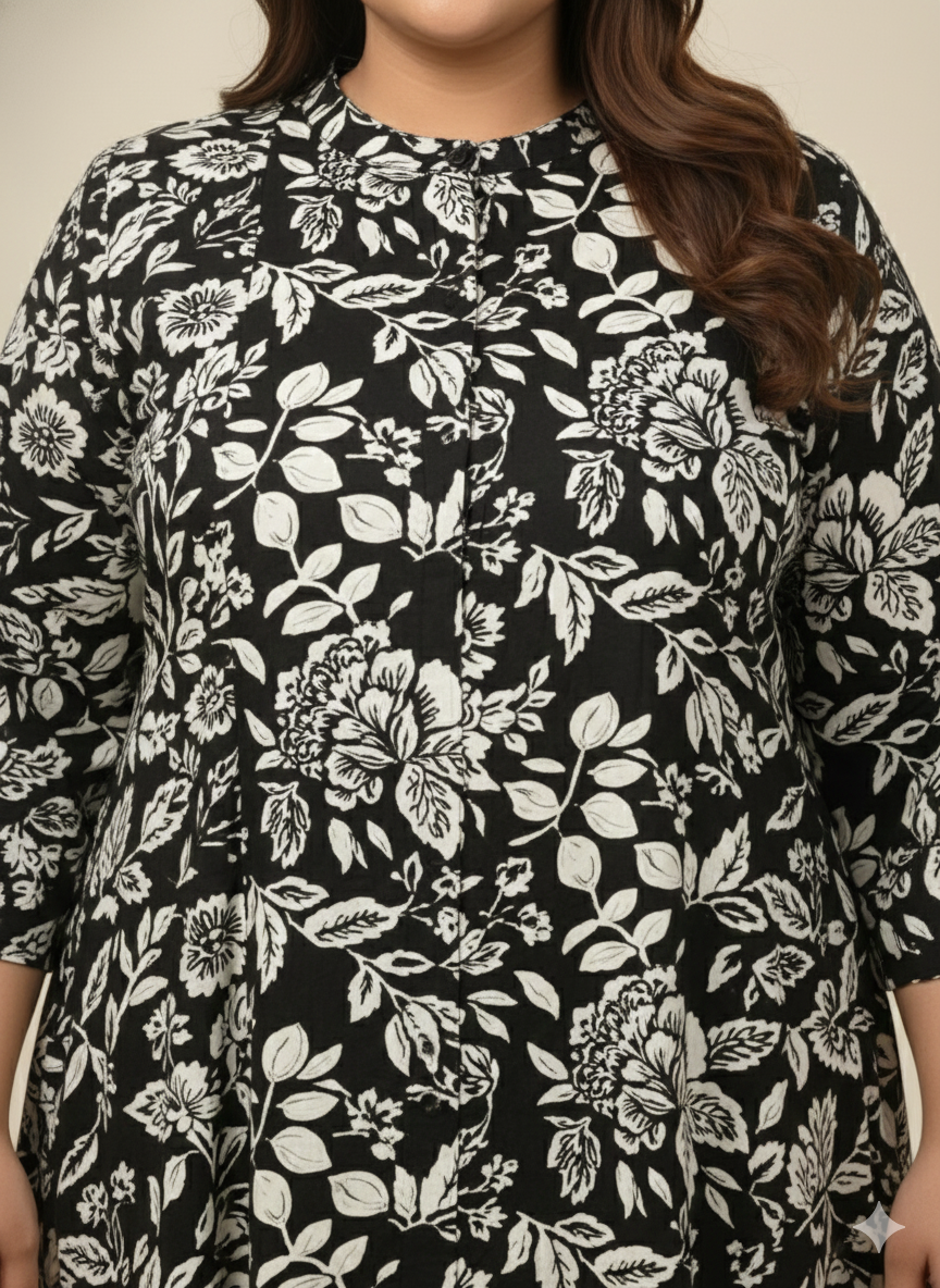 Plus Size Floral Printed Round Neck Midi Dress