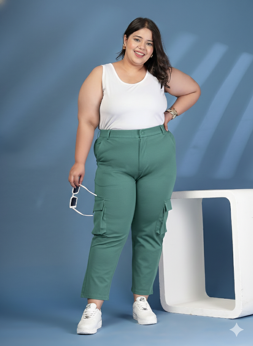 Plus Size Women Solid Mid Rise Regular Fit Cargo Trousers