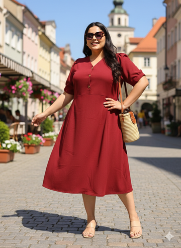 Plus Size V-Neck Fit & Flare Midi Dress