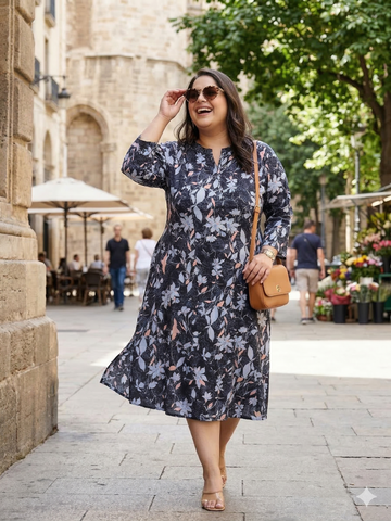 Women Plus Size Floral Print A-Line Midi Dress