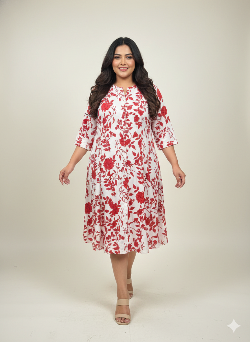 Plus Size Floral Print Fit & Flare Midi Dress