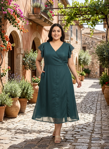Women Plus Size Flutter Sleeve Midi Dress
