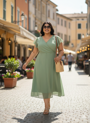 Plus Size Flutter Sleeve Midi Dress