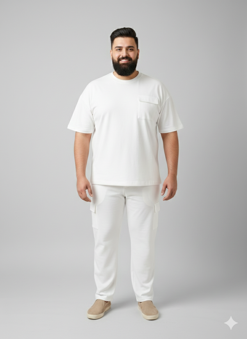 Plus Size Round Neck Pure Cotton T Shirt & Cargo Jogger Travel Co Ords Set