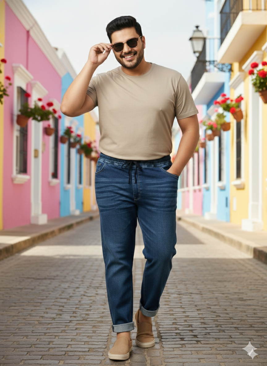 Plus Size Men Mid-Rise Relaxed Fit Clean Look Elasticated Waistband Casual Jeans