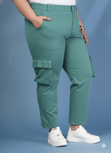 Plus Size Women Solid Mid Rise Regular Fit Cargo Trousers