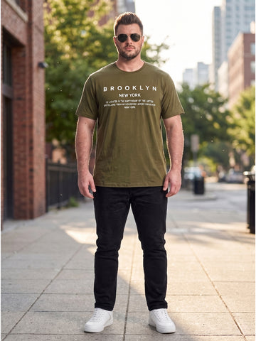 Plus Size Men's Text Printed Cotton T-Shirt